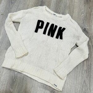 Victoria's Secret Sweater Women Small PINK Ivory Chunky Knit Wool Mohair Sweater